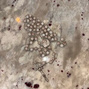 ✨SOLD✨Rosary Necklace with Pink Moonstone Beads and Silver Crucifix